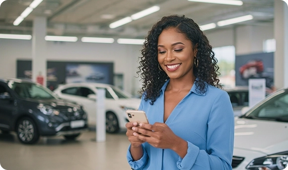 Mulher olhando para o celular acessando o Parcele Mais de qualquer lugar